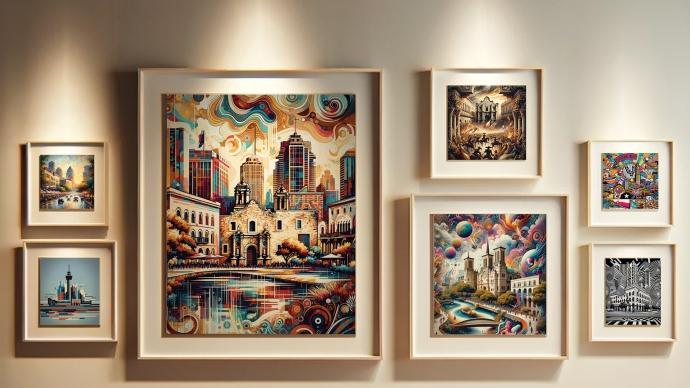 framed artwork of san antonio on a wall, in all different styles of art